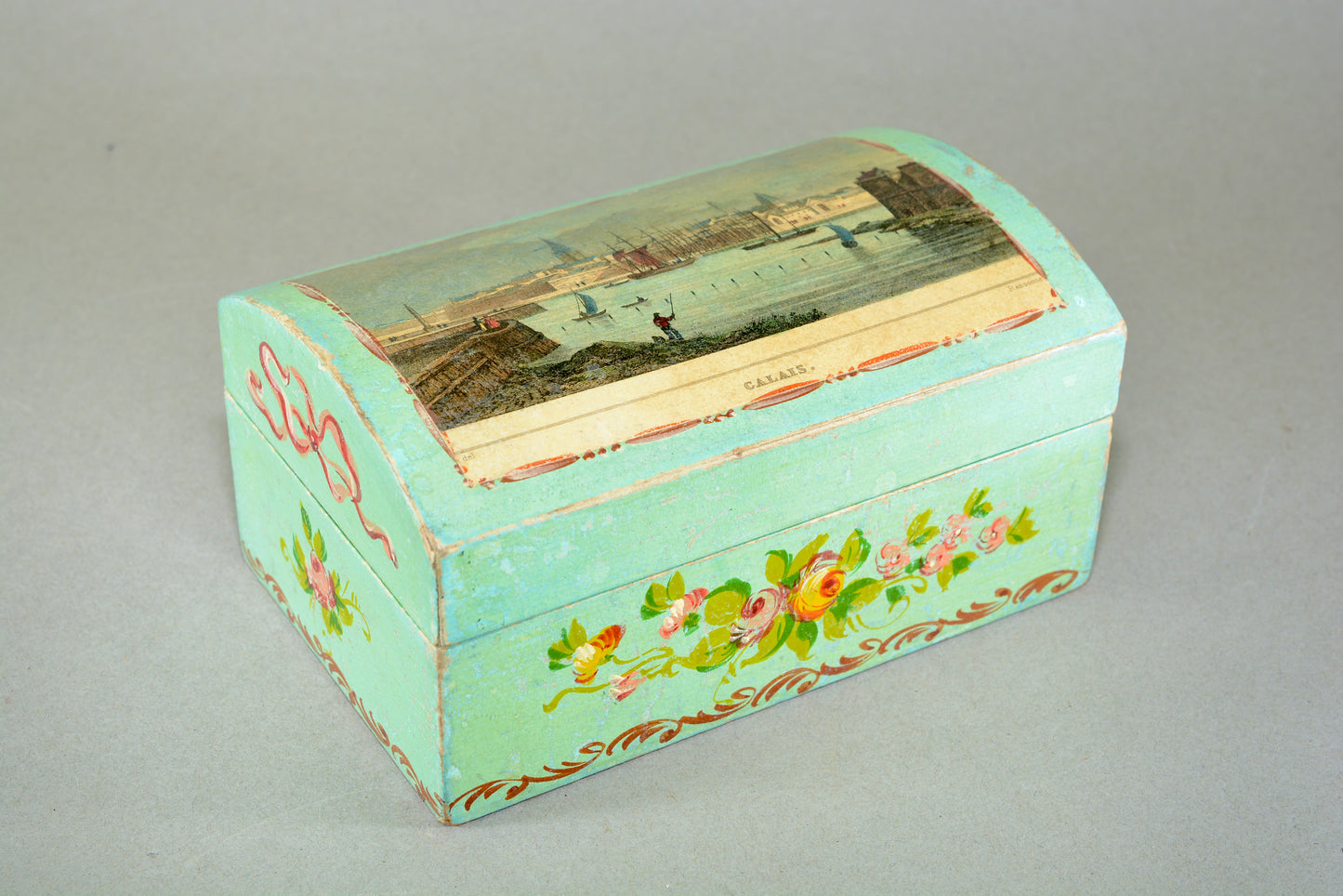 Hand painted dome topped box with Calais harbour