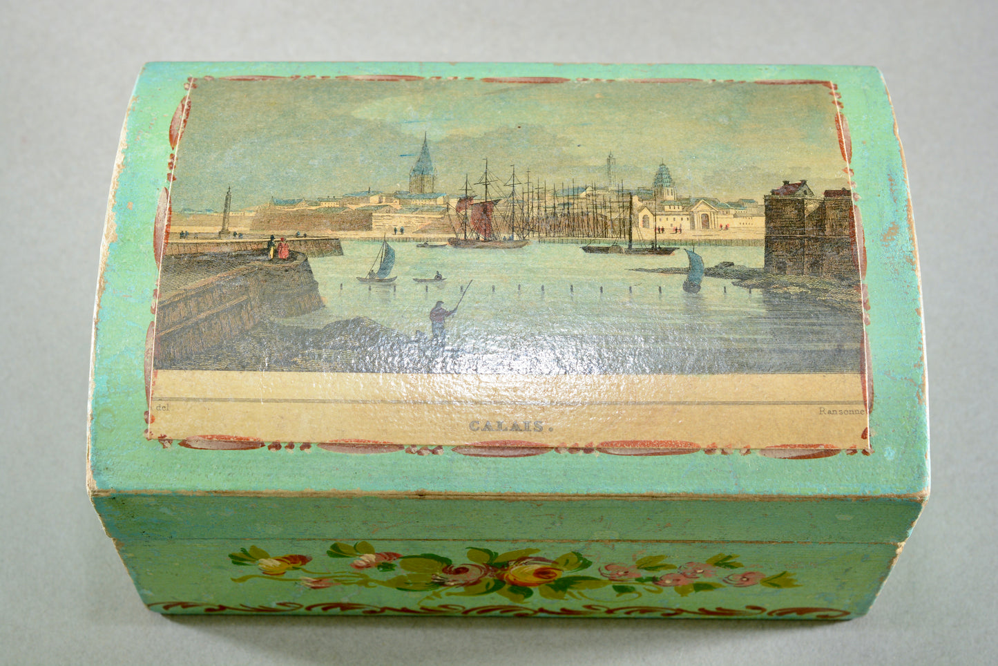 Hand painted dome topped box with Calais harbour