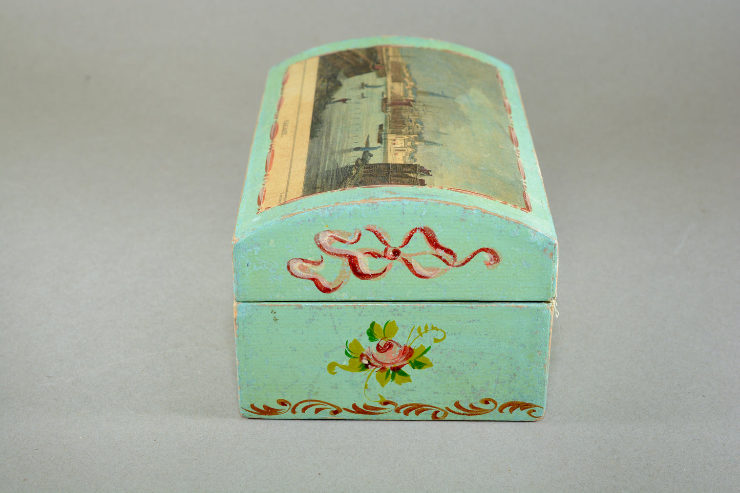 Hand painted dome topped box with Calais harbour