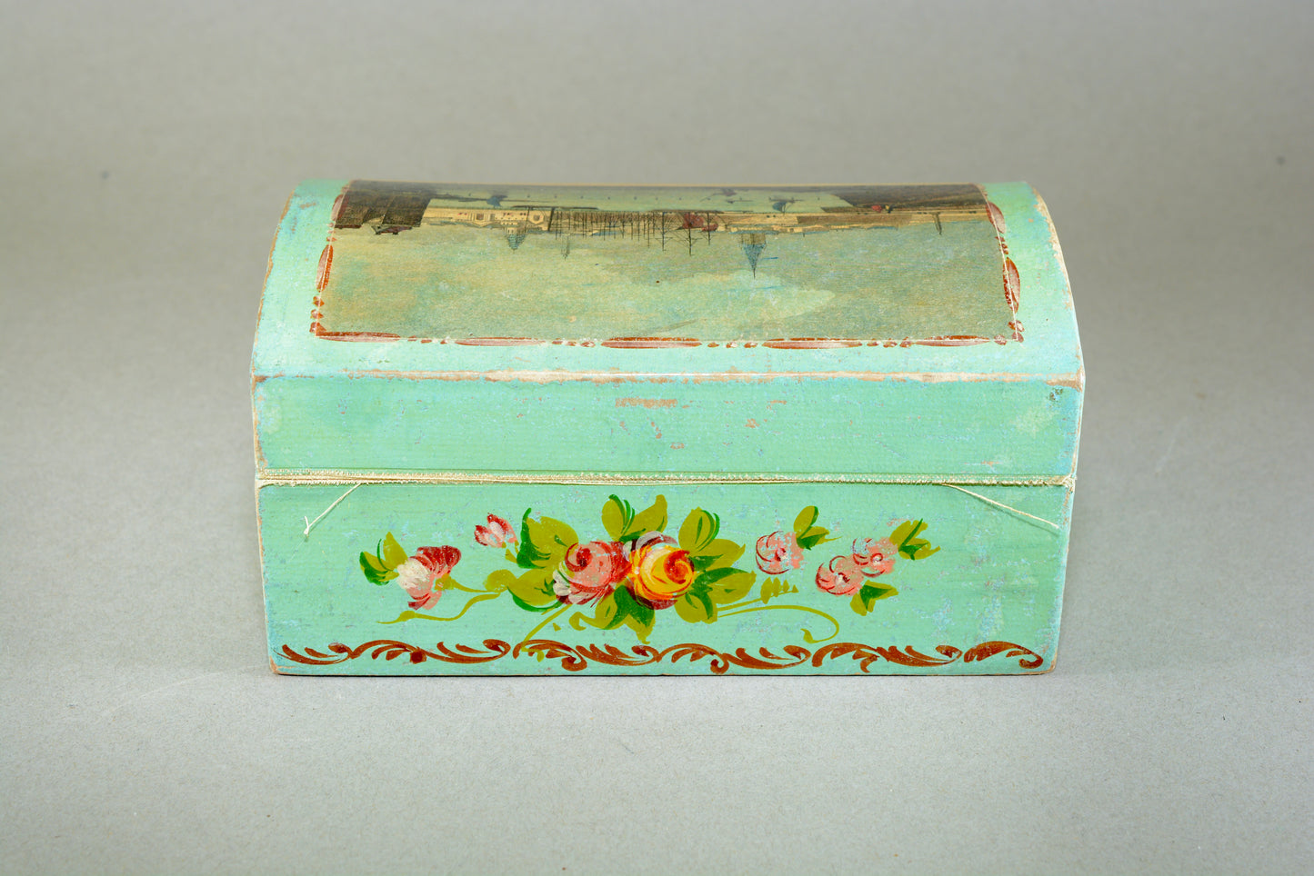 Hand painted dome topped box with Calais harbour