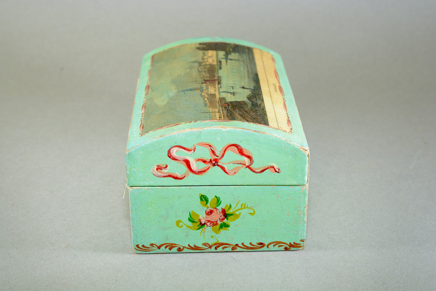 Hand painted dome topped box with Calais harbour