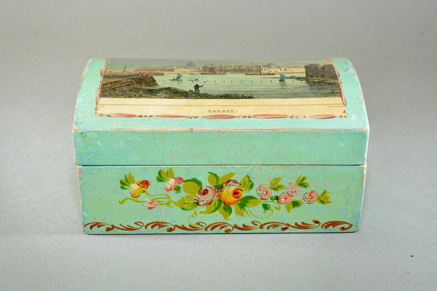 Hand painted dome topped box with Calais harbour
