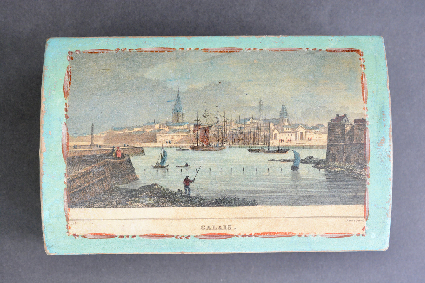 Hand painted dome topped box with Calais harbour