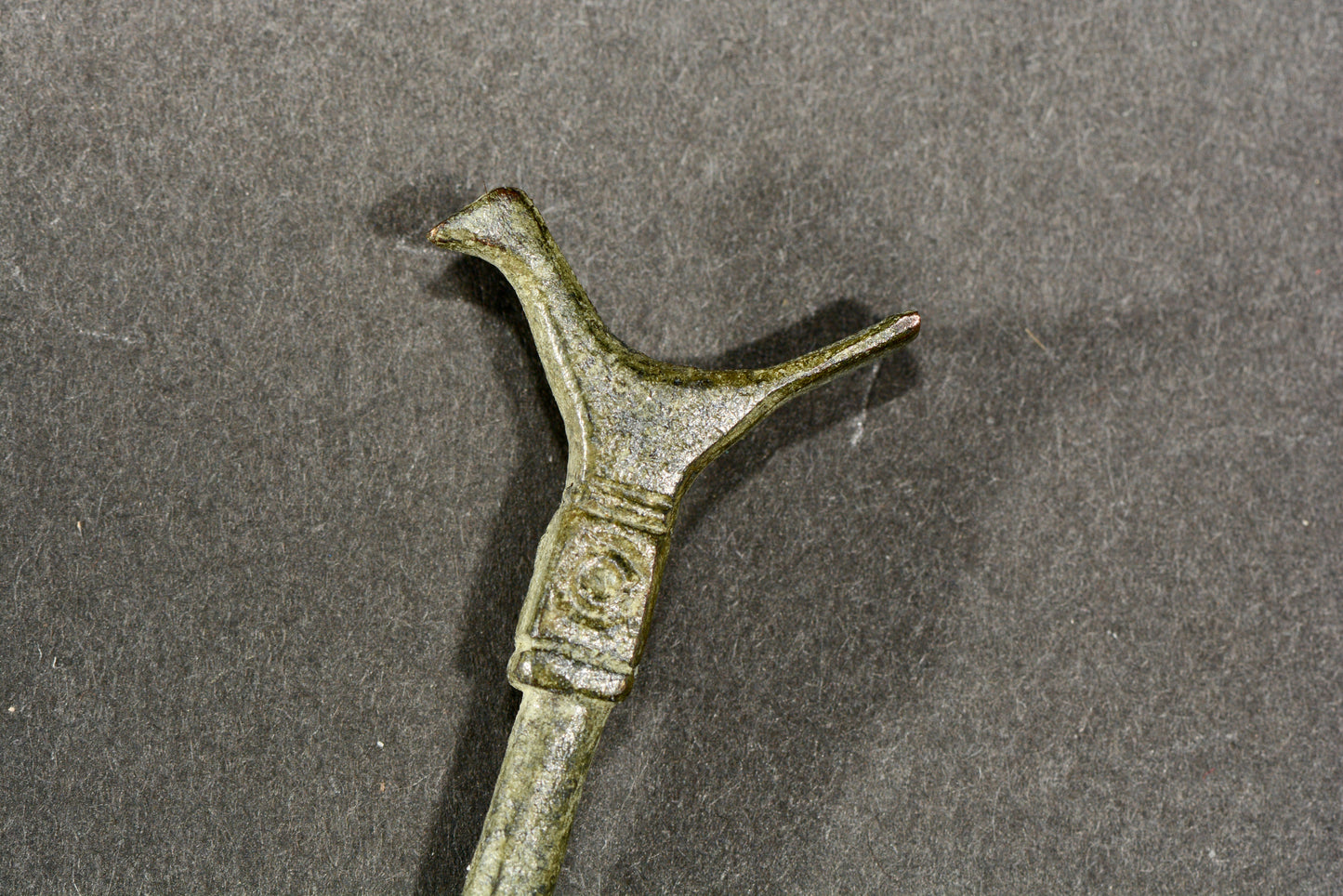 Ancient Roman bronze bird topped distaff spinning tool