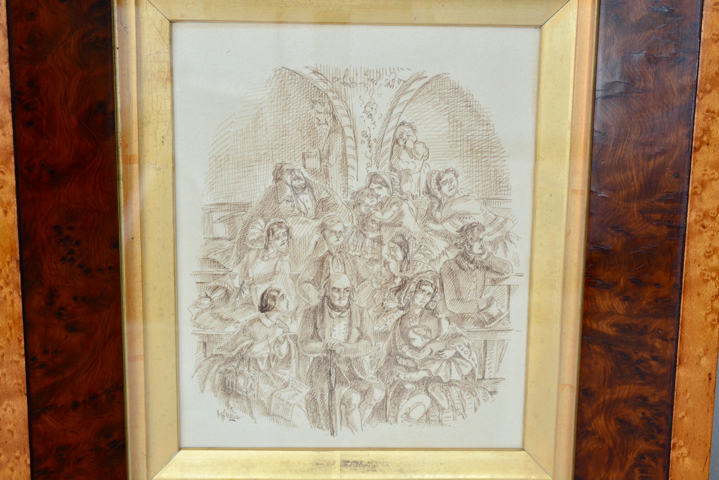 Pen and ink drawing by Emma Frances Weir in burr Yew frame