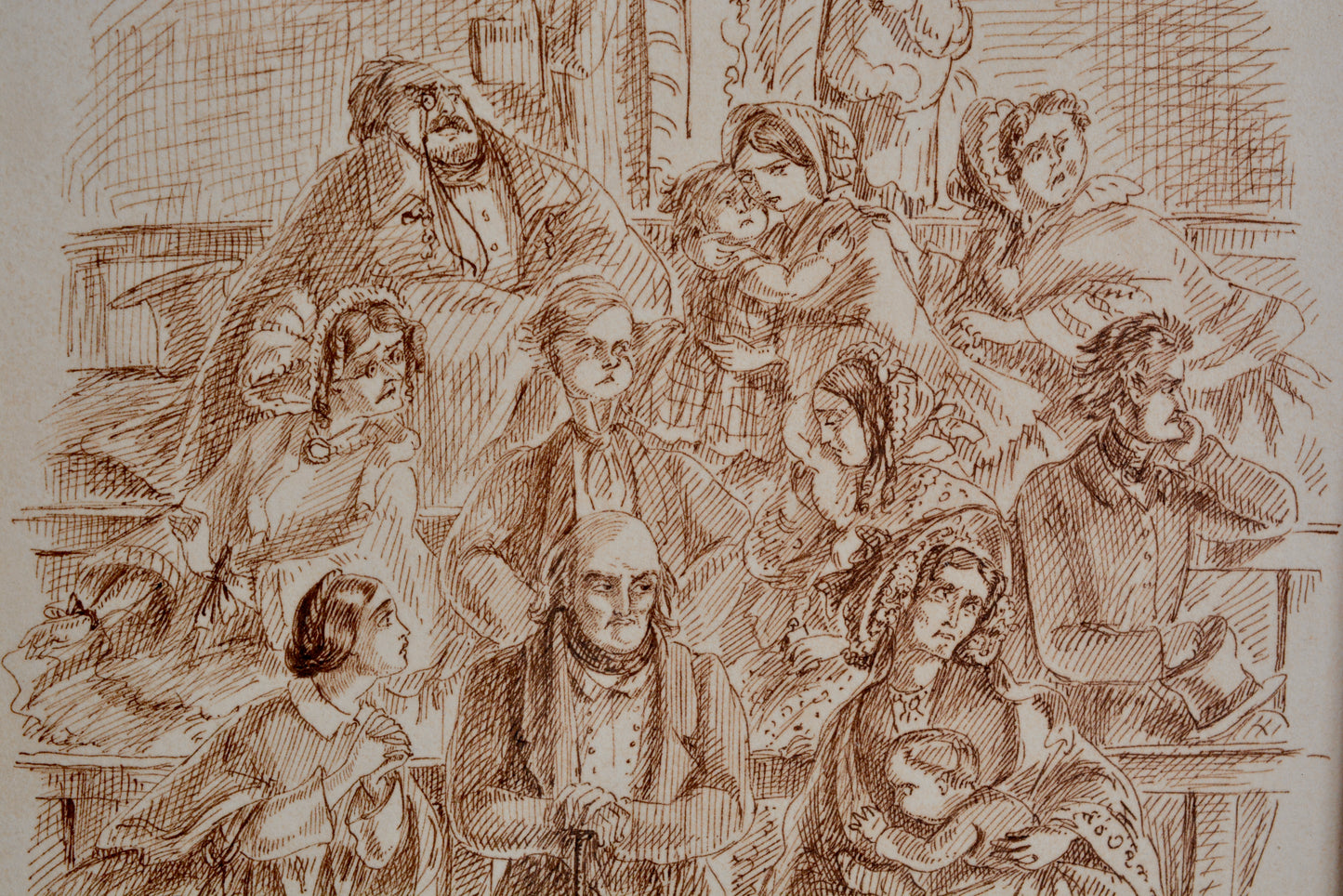 Pen and ink drawing by Emma Frances Weir in burr Yew frame