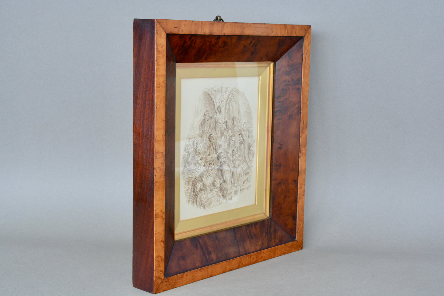 Pen and ink Dickensian drawing by Emma Frances Weir in burr Yew frame