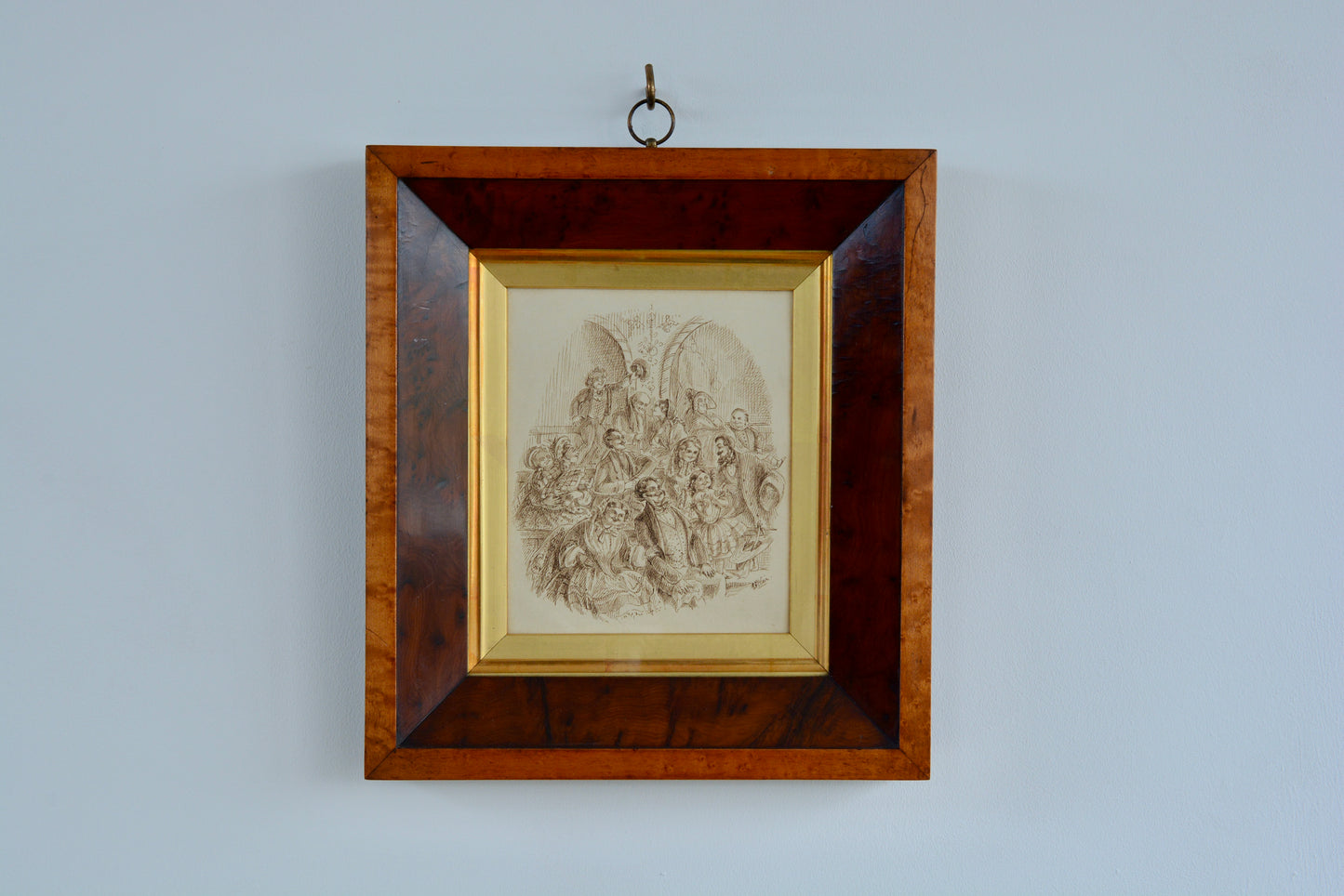 Pen and ink Dickensian drawing by Emma Frances Weir in burr Yew frame