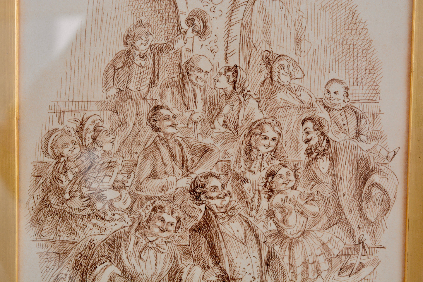 Pen and ink Dickensian drawing by Emma Frances Weir in burr Yew frame