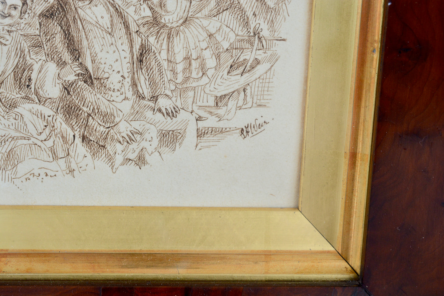 Pen and ink Dickensian drawing by Emma Frances Weir in burr Yew frame