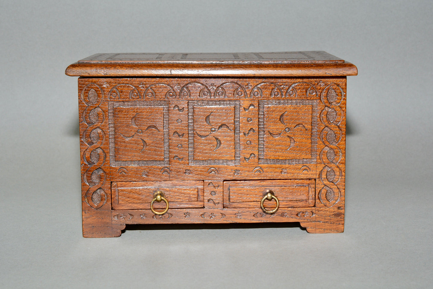 Miniature Jacobean table top oak coffer box chest