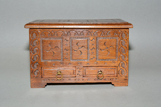 Miniature Jacobean table top oak coffer box chest