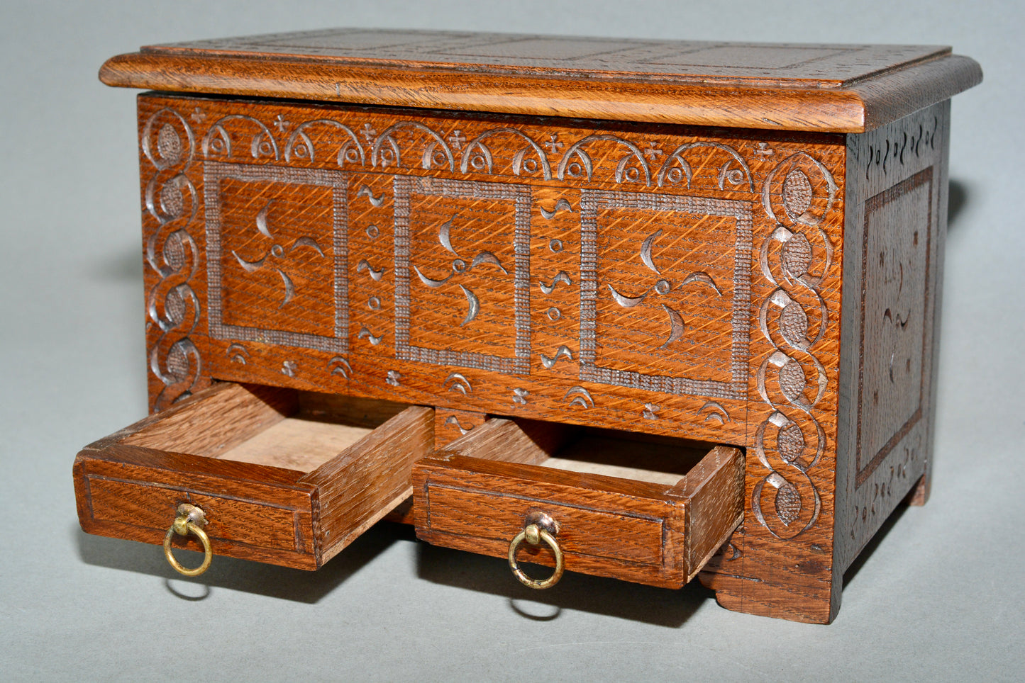 Miniature Jacobean table top oak coffer box chest