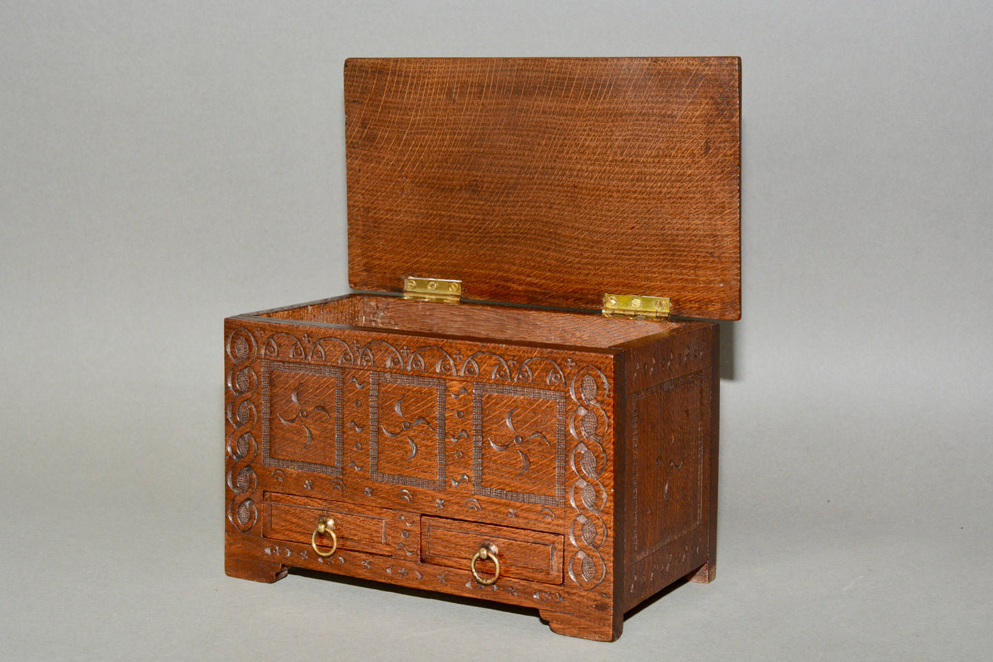 Miniature Jacobean table top oak coffer box chest