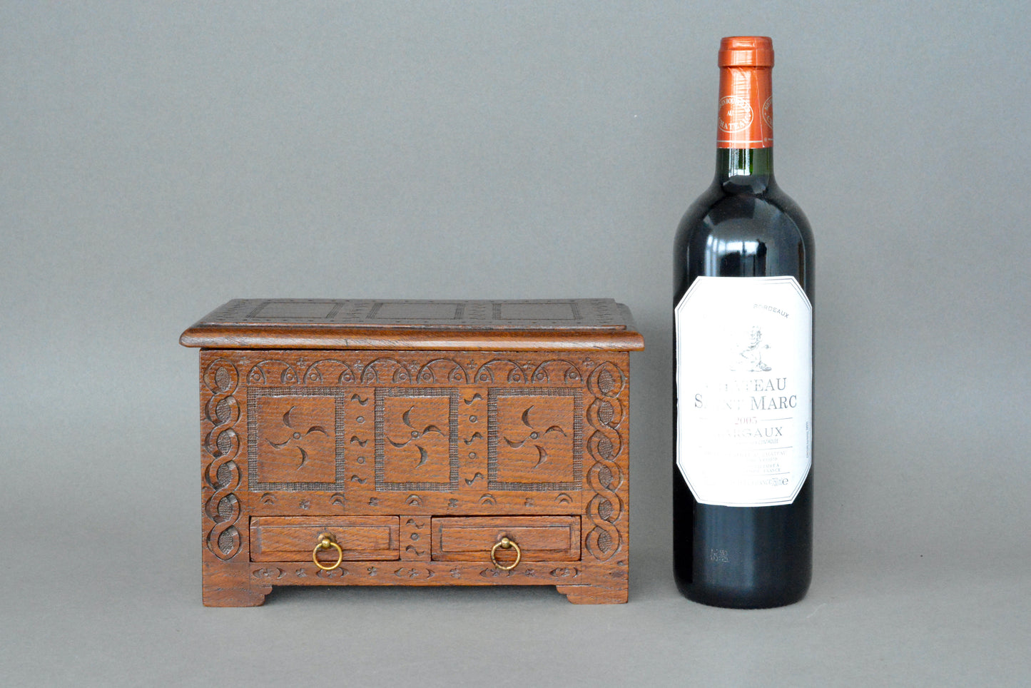 Miniature Jacobean table top oak coffer box chest