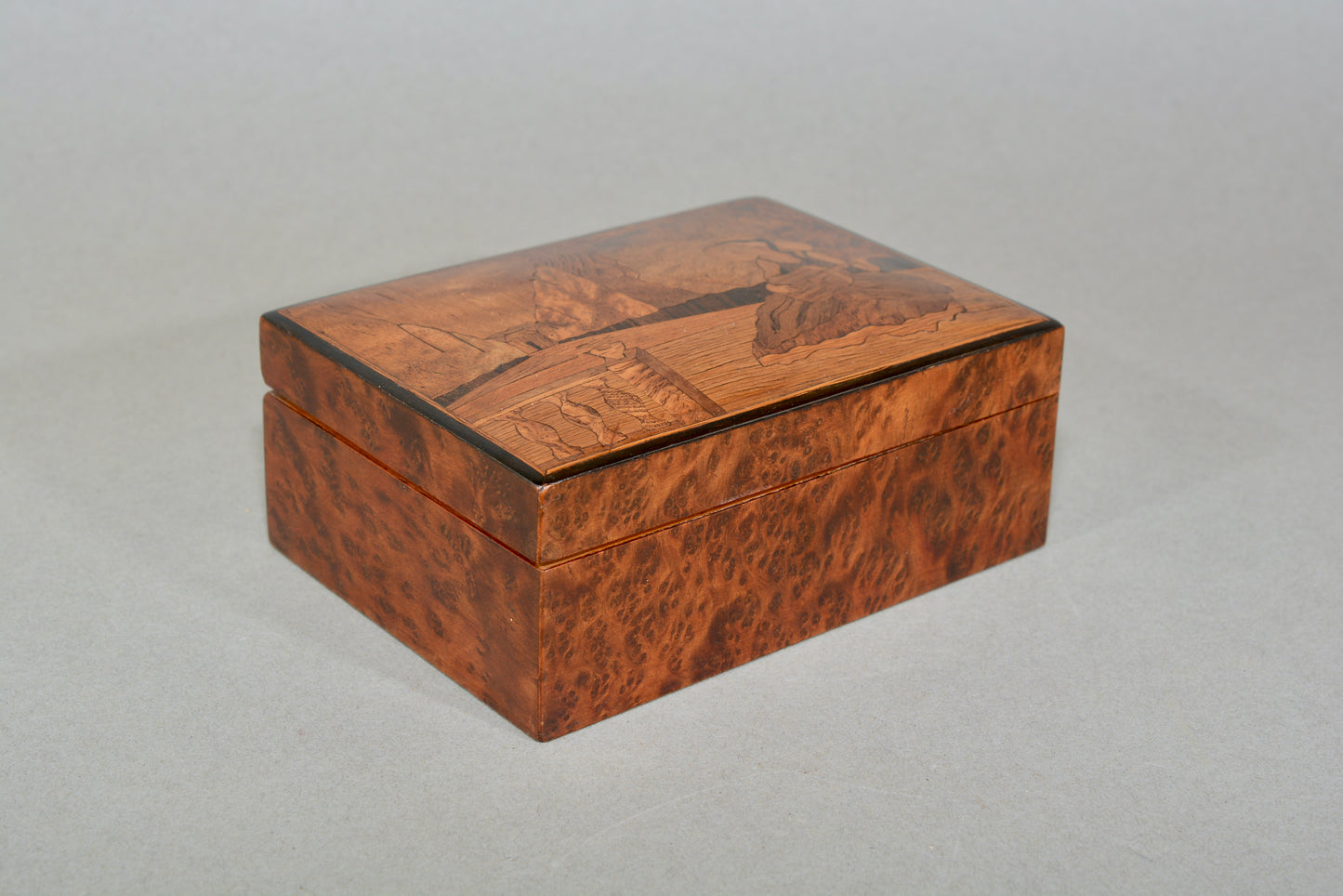 Art Deco inlaid maple box Lady playing guitar in a garden