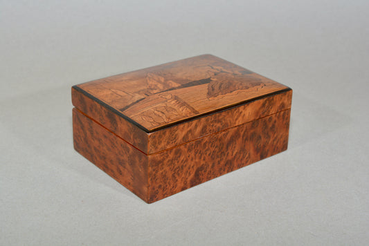 Art Deco inlaid maple box Lady playing guitar in a garden