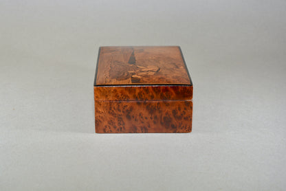 Art Deco inlaid maple box Lady playing guitar in a garden