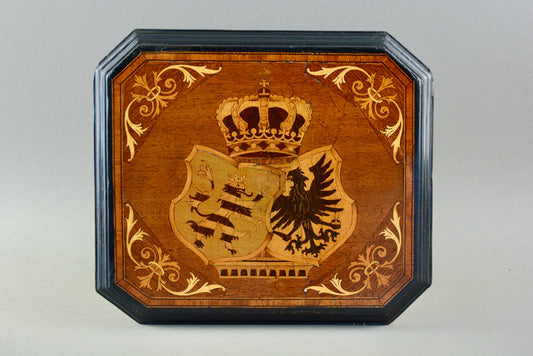 Edwardian inlaid wooden armorial coat of arms wall plaque panel