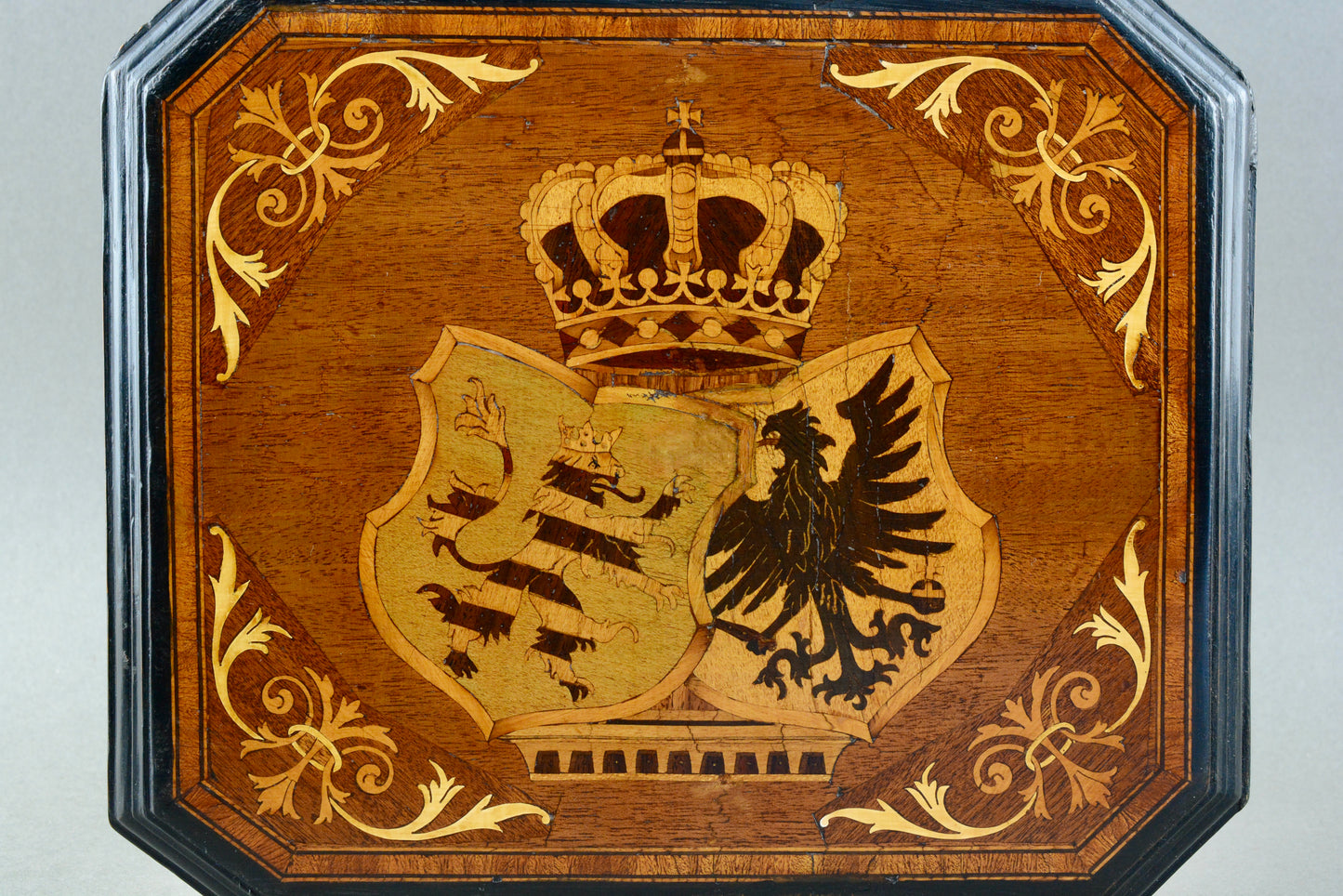 Edwardian inlaid wooden armorial coat of arms wall plaque panel