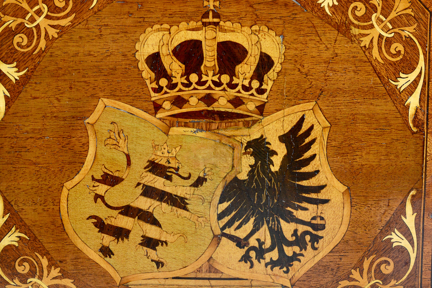 Edwardian inlaid wooden armorial coat of arms wall plaque panel