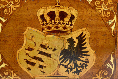 Edwardian inlaid wooden armorial coat of arms wall plaque panel