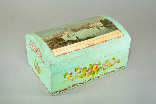 Hand painted dome topped box with Calais harbour