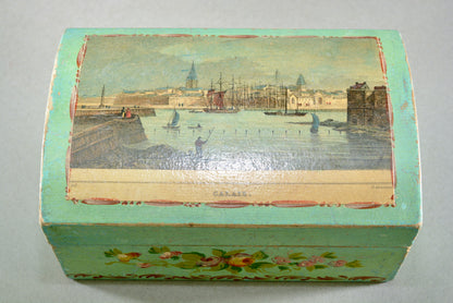 Hand painted dome topped box with Calais harbour