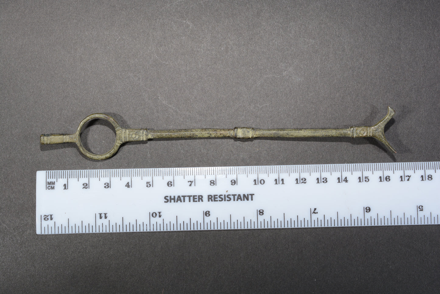 Ancient Roman bronze bird topped distaff spinning tool