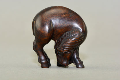 Vintage hand carved hardwood Japanese Netsuke horse signed