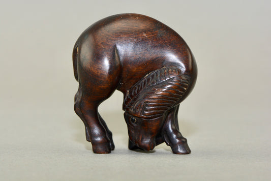 Vintage hand carved hardwood Japanese Netsuke horse signed