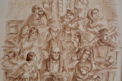 Pen and ink drawing by Emma Frances Weir in burr Yew frame