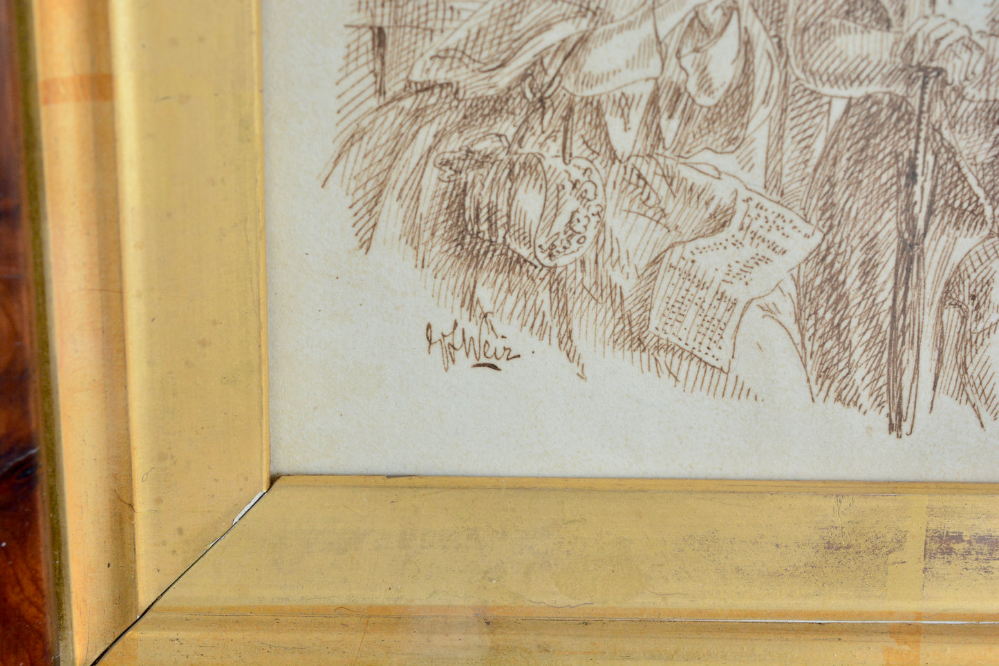 Pen and ink drawing by Emma Frances Weir in burr Yew frame