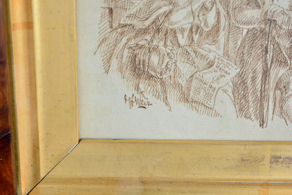 Pen and ink drawing by Emma Frances Weir in burr Yew frame