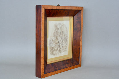 Pen and ink Dickensian drawing by Emma Frances Weir in burr Yew frame