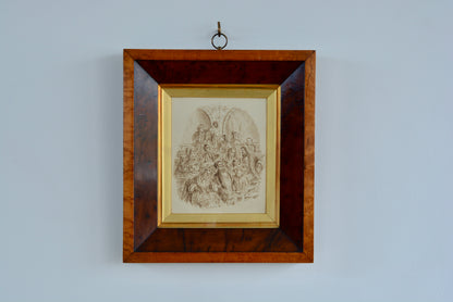 Pen and ink Dickensian drawing by Emma Frances Weir in burr Yew frame
