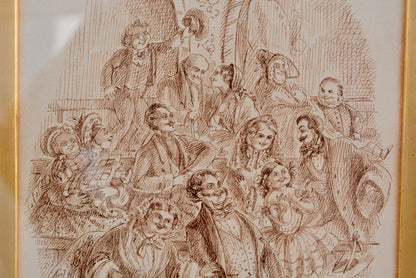 Pen and ink Dickensian drawing by Emma Frances Weir in burr Yew frame