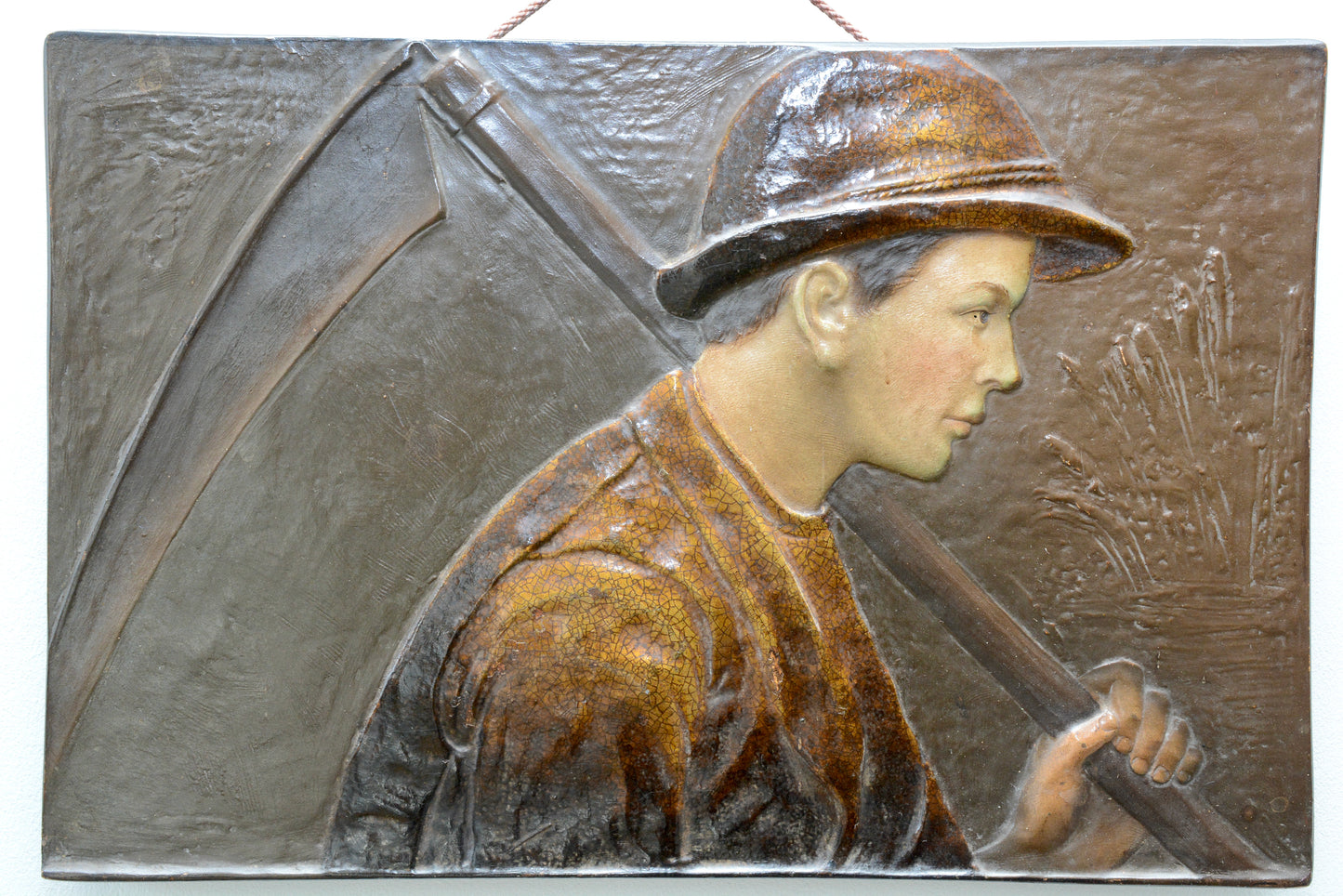 French pottery wall panel young peasant farm worker