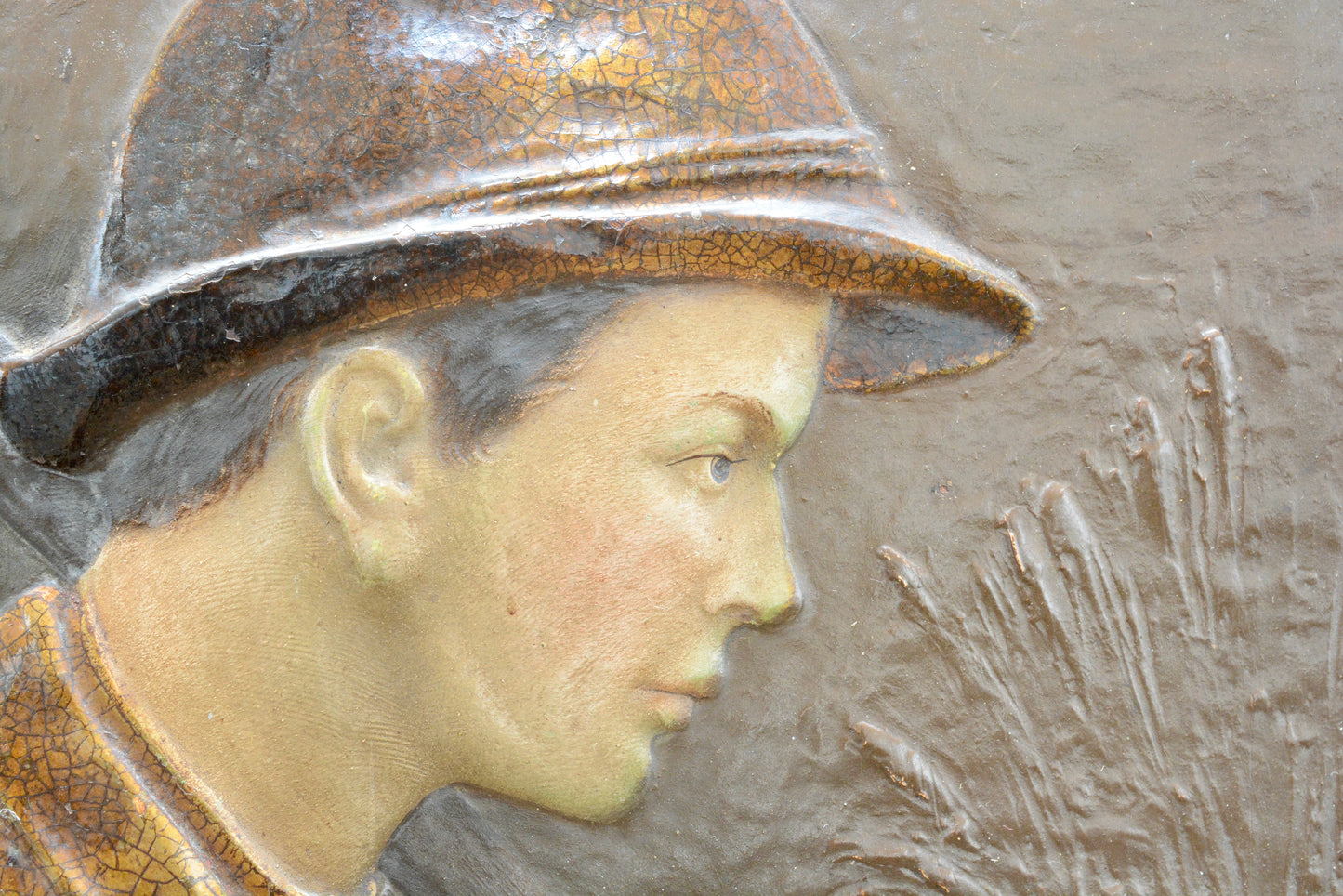 French pottery wall panel young peasant farm worker
